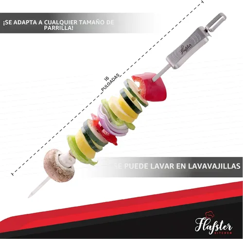 Miniatura 3 de FLAFSTER KITCHEN - Brochetas de barbacoa para asar – Palos de Kebab planos de acero inoxidable de 16 pulgadas con barra de empuje, brochetas