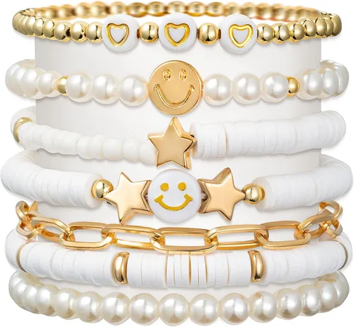 YALASOBA Juego de pulseras Preppy, coloridas pulseras apilables de arcilla polimérica y perlas de oro blanco sonriente, corazón, estrella, mal de