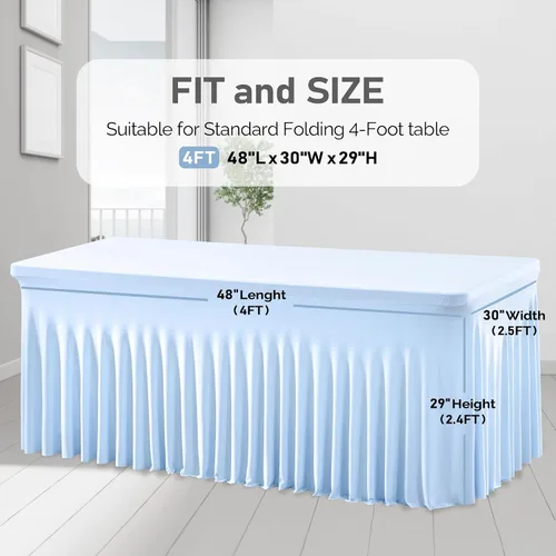 Miniatura 7 de Paquete de 1 manteles azul bebé para mesas rectangulares de 4 pies, cubiertas de mesa de spandex elástico de una pieza resistentes a las arrugas