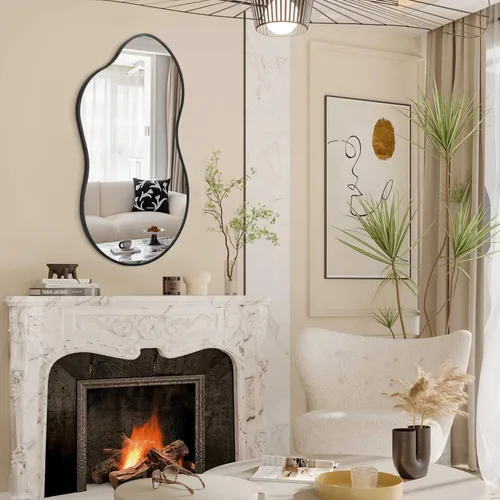 Miniatura 5 de JJUUYOU Espejo de pared irregular con marco de metal negro, espejos decorativos asimétricos de baño, grandes de 20 x 36 pulgadas para sala de estar