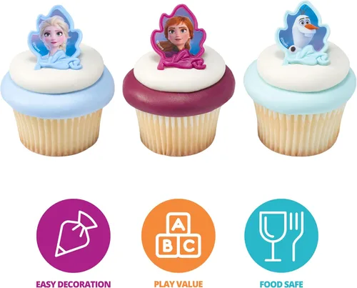 Miniatura 3 de DecoPac Anillos Frozen II, decoraciones de cupcakes con Elsa, Anna y Olaf para celebraciones de cumpleaños y Navidad, paquete de 24