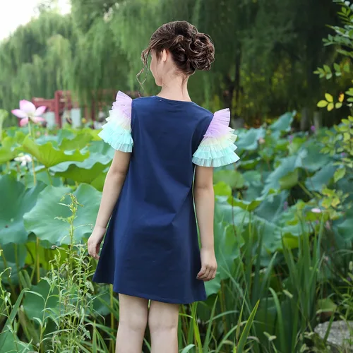 Miniatura 2 de Sunny Fashion Vestido de niña azul camiseta bolsillo bordado mariposa tul manga aleteo