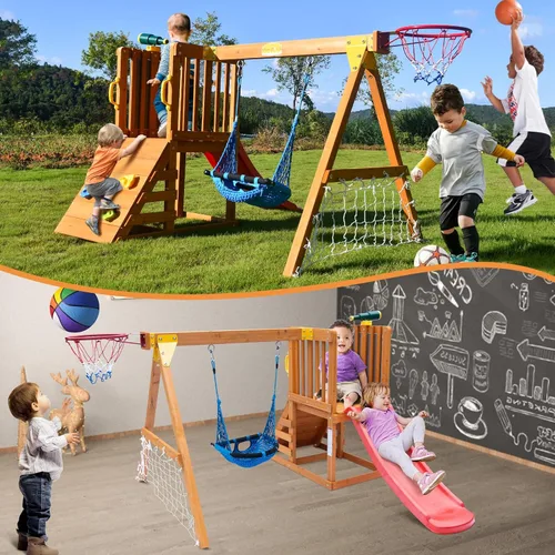Miniatura 3 de Juego de columpio y tobogán para niños pequeños de 86 x 78 pulgadas, juegos de madera 6 en 1 para patios traseros con columpio de bebé, tobogán