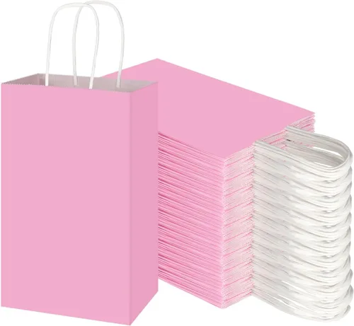 Miniatura 9 de Paquete de 100 bolsas de papel kraft pequeñas de 5.25 x 3.25 x 8.25 pulgadas, color verde hierba con asas, a granel, bolsas de regalo de Toovip