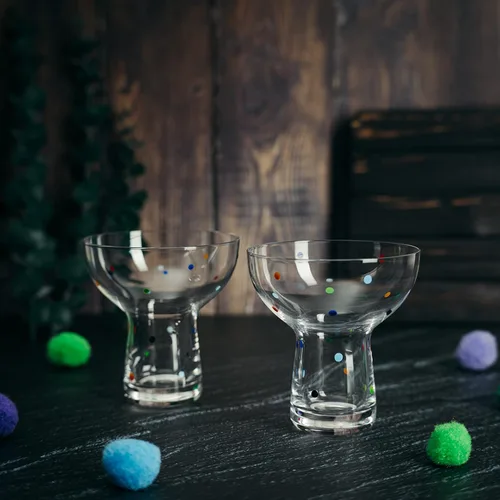 Miniatura 4 de Vasos coloridos soplados a mano con lunares – Margarita de confeti, copa de vino y Martini con puntos brillantes – Divertida cristalería retro