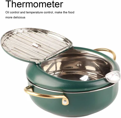 Miniatura 5 de Olla para freír, freidora verde profundo con termómetro, sartén de acero inoxidable para uso doméstico en la cocina.