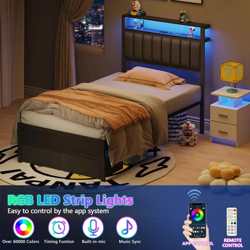 Miniatura 8 de Furnulem Bases de Cama Individual con Estación de Carga y Luces LED, Cabecero Tapizado Gris con Estantes, Cama de Plataforma de Metal con 2