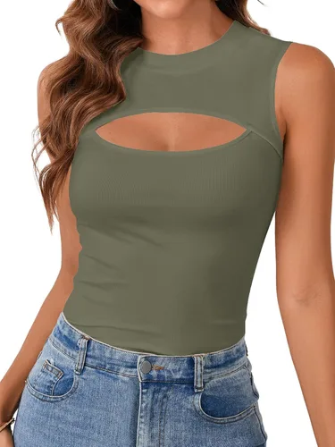 Miniatura 18 de Vrtige Camiseta sin mangas sexy con cuello redondo para mujer, de punto acanalado, sin mangas, ajustada