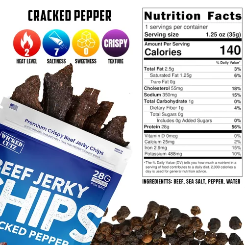 Miniatura 2 de Chips de carne seca de pimienta agrietada, 2 bolsas 0.99 oz de proteína por bolsa, solo 4 ingredientes – carne de res, sal marina, pimienta, agua