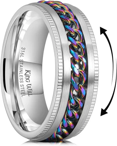 Miniatura 111 de King Will - Anillo antiestrés de acero inoxidable 316L para hombres y mujeres, con cadena decorativa giratoria, 8 mm de ancho, anillo de boda