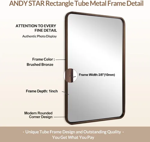 Miniatura 4 de ANDY STAR Espejo de bronce para pared, espejo rectangular redondeado de 20 x 28 pulgadas, espejo de baño de bronce cepillado para pared, moderno