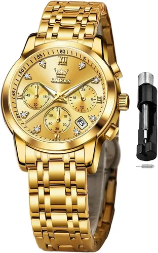 Miniatura 18 de OLEVS Reloj multifuncional de dos tonos para mujer, reloj analógico de cuarzo para mujer, de acero inoxidable, resistente al agua, con diamantes