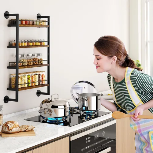 Miniatura 2 de IBUYKE Estante para Especias de Pared, Organizador Colgante de Condimentos de 4 Niveles, Estante Grande para Pared para hasta 50 Frascos, Marrón