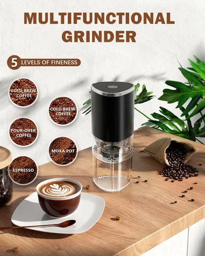 Miniatura 4 de Molinillo de café eléctrico portátil, diseño ergonómico de ajuste de palma para un agarre cómodo, carga inalámbrica USB tipo C, ajustes de molienda