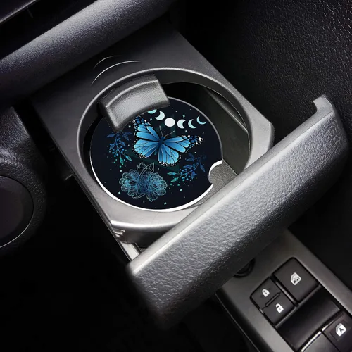 Miniatura 6 de Posavasos para Taza de Automóvil Mariposa Signo Místico Abstracto Azul Posavasos de Automóvil para Portavasos Universal Antideslizante Cerámica