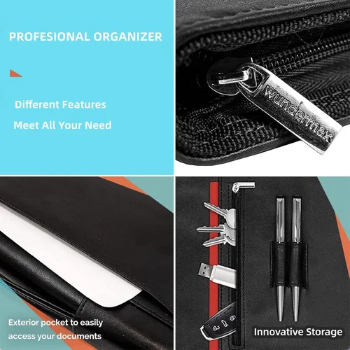 Miniatura 3 de Wundermax Cartera de piel sintética vegana con cremallera, organizador de cuaderno de negocios para currículum - Padfolio para hombres y mujeres