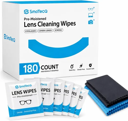 SmoTecQ Toallitas para lentes para lentes, 180 toallitas de limpieza envueltas individualmente con 2 paños de microfibra para un acabado sin rayas,