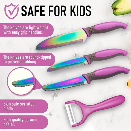 Miniatura 2 de TruChef Juego de 5 piezas de cuchillos para niños para cocina real Cuchillos de chef, de pelar y serrados de acero inoxidable con pelador y Juego
