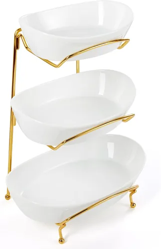 Miniatura 10 de Cuencos de frutas para encimera de cocina, no requiere montaje, cuencos de porcelana de 2 niveles con soporte de metal, cesta de frutas escalonada