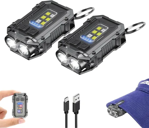 Paquete de 2 llaveros EDC - Mini llavero de luz súper brillante con clip para sombrero, base magnética, luces de flash de bolsillo pequeñas