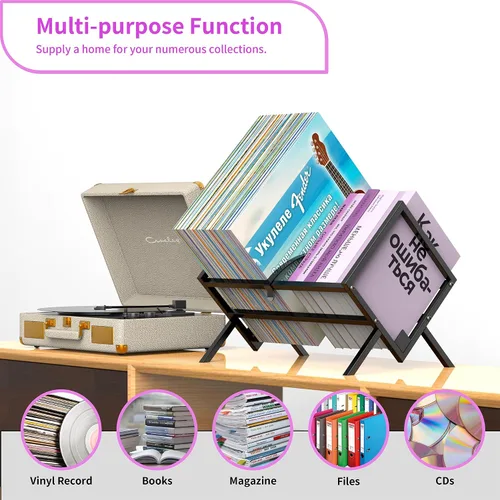 Miniatura 4 de Soporte para discos de vinilo, organizador de vinilo 80-110 LP, estante de almacenamiento de álbumes de metal para libros, álbumes, revistas