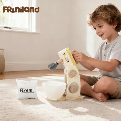 Miniatura 7 de FReniland Mezclador de juguete de madera para niños pequeños, máquina mezcladora de hornear para juegos de rol de cocina, juguete de cocina