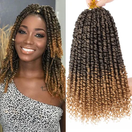 Leeven Cabello Passion Twist de 14 pulgadas, 8 paquetes de cabello Crocht con rizos de pasión con extremos rizados, rubio degradado, sintético, T27#