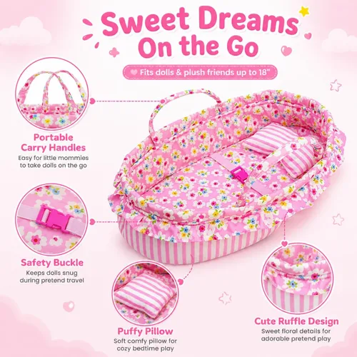 Miniatura 2 de June Garden Cozy Dream - Moisés portátil para muñecas de bebé, se adapta a muñecas americanas de hasta 18 pulgadas, almohada suave y hebilla