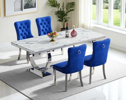 Miniatura 10 de Juego de mesa de comedor de mármol para 4, mesa de cocina rectangular de mármol blanco de 70 pulgadas con base en O de acero inoxidable dorado
