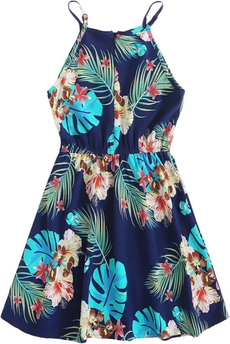 Miniatura 2 de Romwe Vestido de verano para niña con estampado floral bohemio sin mangas Blanco