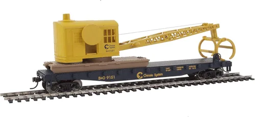 Walthers Trainline Flatcar con grúa lista para funcionar - Chessie/Baltimore y Ohio 9151, azul y amarillo