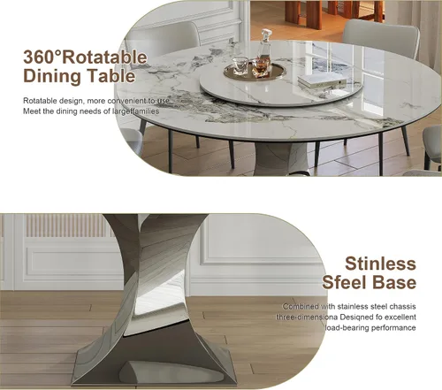 Miniatura 2 de Mesa de comedor redonda, mesa de comedor de piedra sinterizada blanca, base moderna de acero inoxidable sólido
