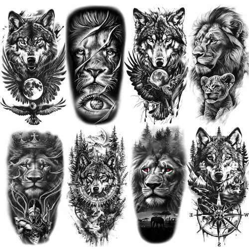 Miniatura 11 de 8 hojas lobo taichi tótem cráneo luna bosque flor brazo pierna tatuaje temporal XQB-07