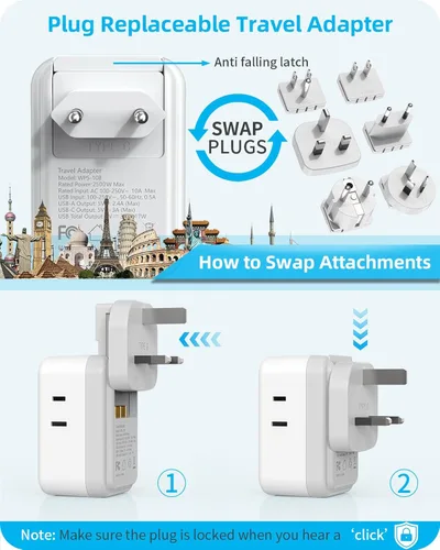 Miniatura 6 de PAEWOK Adaptador de viaje PD de 20 W, mini adaptador universal de viaje con 1 toma de CA y carga rápida USB, adaptador de enchufe internacional