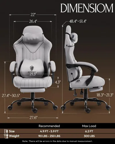 Miniatura 3 de Dowinx Silla de videojuegos para videojuegos con masaje de cuello Shiatsu y soporte lumbar para el hogar, oficina, reclinable, altura ajustable, Gris