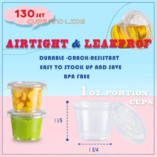 Miniatura 3 de VITEVER [130 Juegos - 1 Oz] Vasos para Shots de Gelatina, Recipientes Pequeños de Plástico con Tapas, Vasos Herméticos y Apilables para Porciones