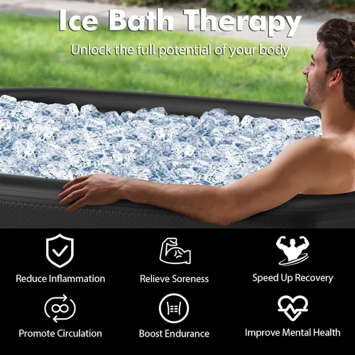 Miniatura 9 de Goplus Bañera de hielo ovalada XL de 129 galones para atletas, bañera inflable con múltiples capas, tapa, bomba, mochila, compatible con enfriador