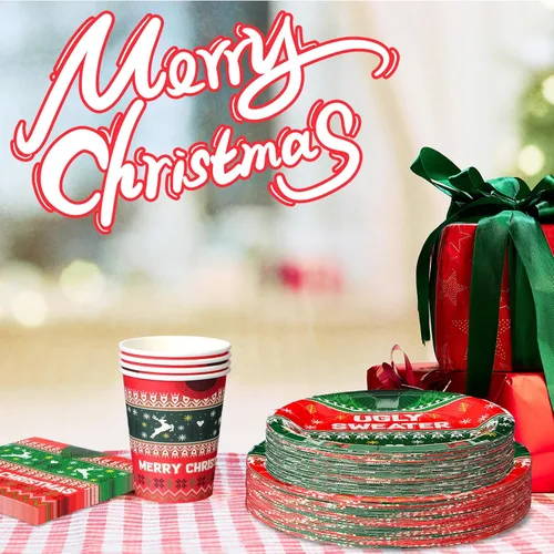Miniatura 5 de Yaomiao Juego de 180 piezas de suministros de fiesta de suéter feo de Navidad, platos de papel desechables y servilletas, tazas para 30 decoración