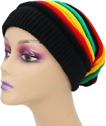Miniatura 4 de Gorra unisex de Jamaica Reggae Rasta Slinky Beanie Multicolor a rayas Slouchy Baggie Beanie Skullies Gorro Rasta Hat, Negro