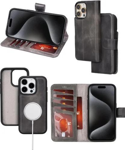 Miniatura 20 de Bayelon Funda tipo cartera para iPhone 15 Pro Max, de cuero de grano completo, cubierta abatible magnética desmontable, tarjetero, funda tipo Marrón