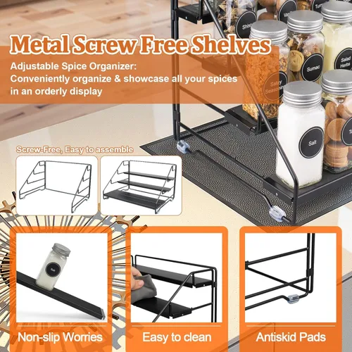 Miniatura 7 de Organizador de especias de 4 niveles para gabinete, organizador de condimentos ajustable con niveles antideslizantes, estante de especias de metal