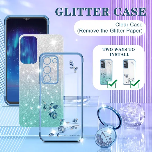 Miniatura 4 de Funda 3 en 1 para teléfono Samsung Galaxy A03S con purpurina brillante para mujeres y niñas, cubierta brillante con bonito diseño floral de flores