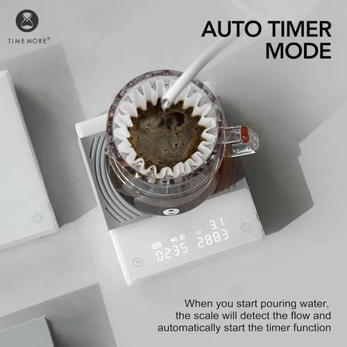 Miniatura 3 de TIMEMORE Báscula de café Basic 2.0 con temporizador, escala de café espresso de espejo negro con función de tasa de flujo, 2000g/0.1g de alta