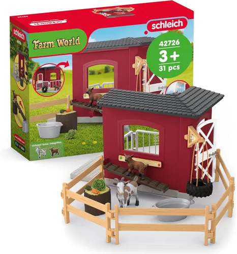 Schleich Farm World – Juego de 31 piezas de establo de cabras con 2 figuras de cabras y accesorios – Juguetes de animales de granja para niños y