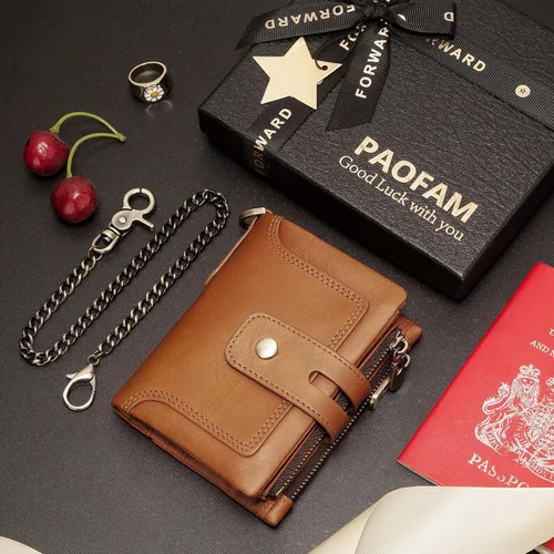 Miniatura 5 de Cartera con cadena, monedero de cuero genuino con bloqueo RFID, doble cremallera, bolsillo para monedas con cadena antirrobo, carteras de cadena a