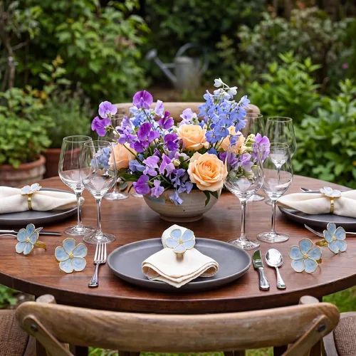 Miniatura 4 de Patelai Juego de 6 servilleteros de flores azules a granel, juego de servilleteros de tela dorada con hebillas florales, decoración de mesa