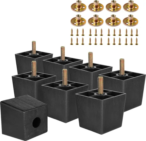 Miniatura 9 de Pernos de rosca métrica M8-1.25, patas de plástico para muebles, patas de sofá cuadradas negras de 2 pulgadas con tuercas de placa, repuesto