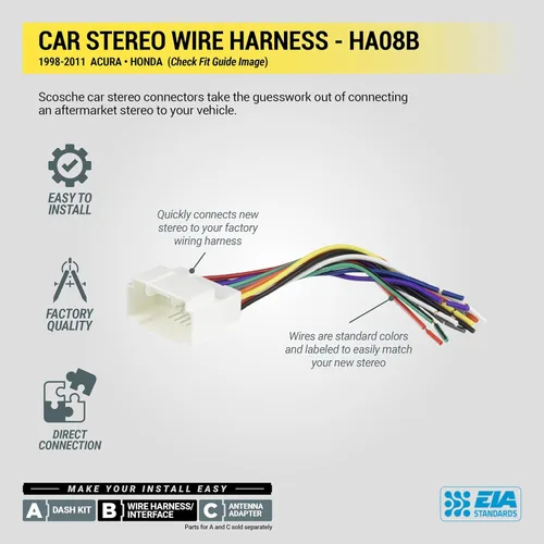 Miniatura 4 de Scosche HA08B Arnés de cableado de radio para Acura y Honda 1998-11 seleccionados 1998-11 - Arnés de cables de radio para estéreo de automóvil