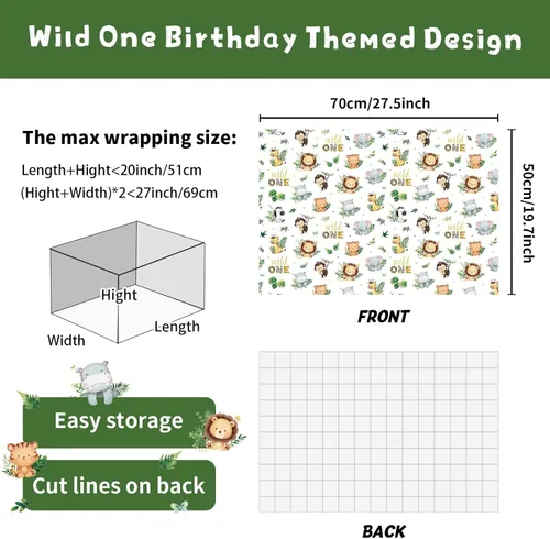 Miniatura 2 de WERNNSAI Papel de Regalo de Animales - 6 Hojas 27.5"x 19.7" Papel de Regalo para Baby Shower Papel de Regalo de Primer Cumpleaños Diseño de Animales