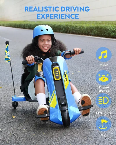 Miniatura 6 de Go Kart eléctrico para niños de 6 a 12 años, cambio de carrito de deriva de 12 V, giro de 360°, empuñadura giratoria, velocidad sin escalones, Azul